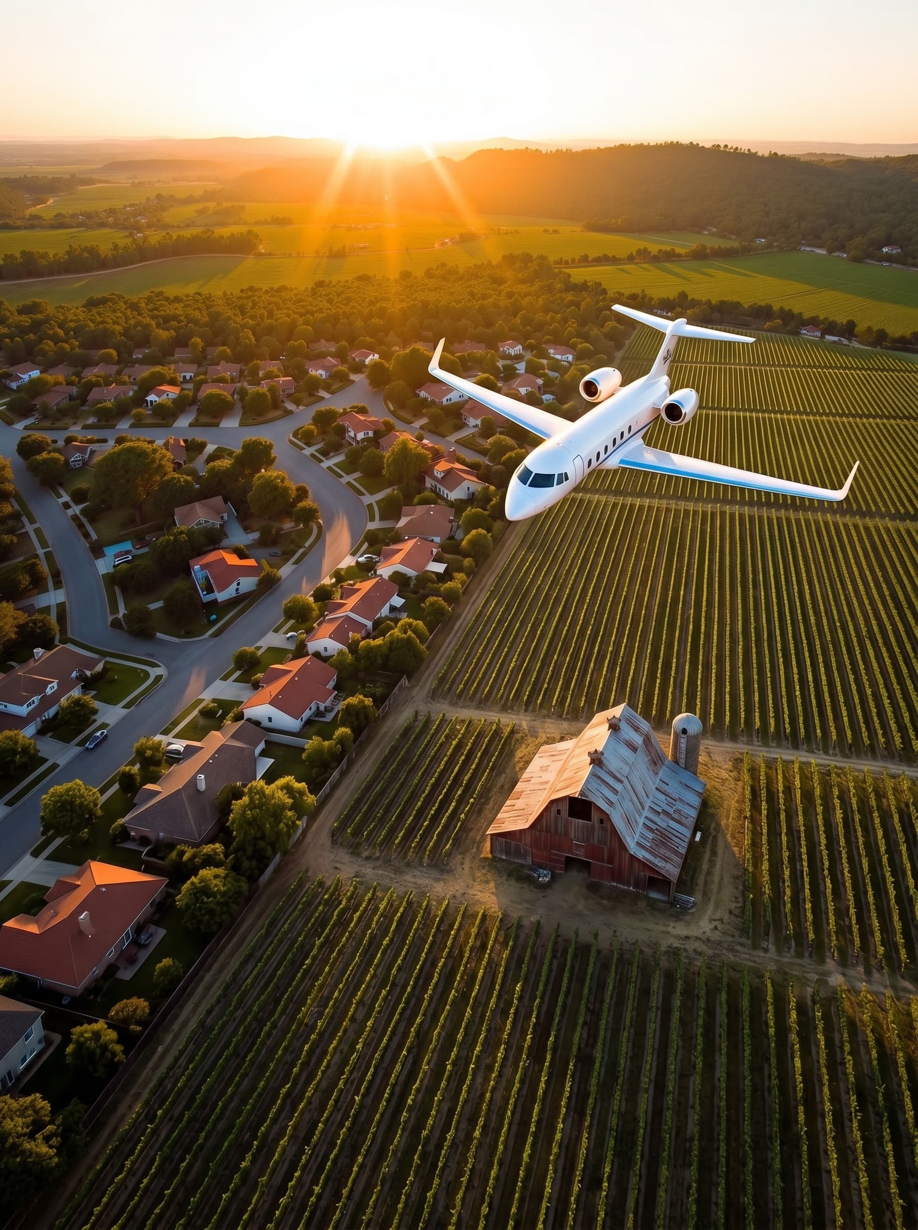Private jet flying low over Napa Valley homes and vineyards at sunset